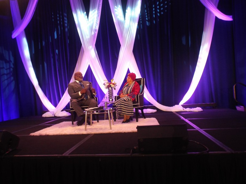 President Sirleaf and Bishop T.D. Jakes seated on the platform during the interactive discussion.